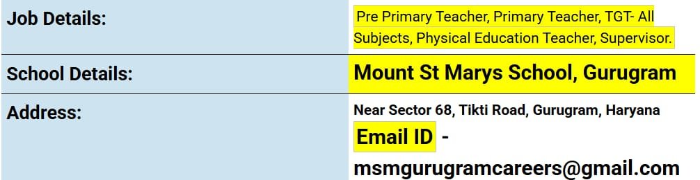 School Jobs at  Mount St Marys School ,  Gurgaon